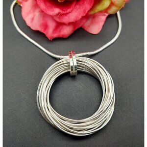 Silver Tone Charter Club Circular Statement Pendant Necklace Long Snake Chain 30